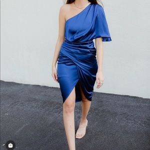 One shoulder satin dress - dark blue, size large